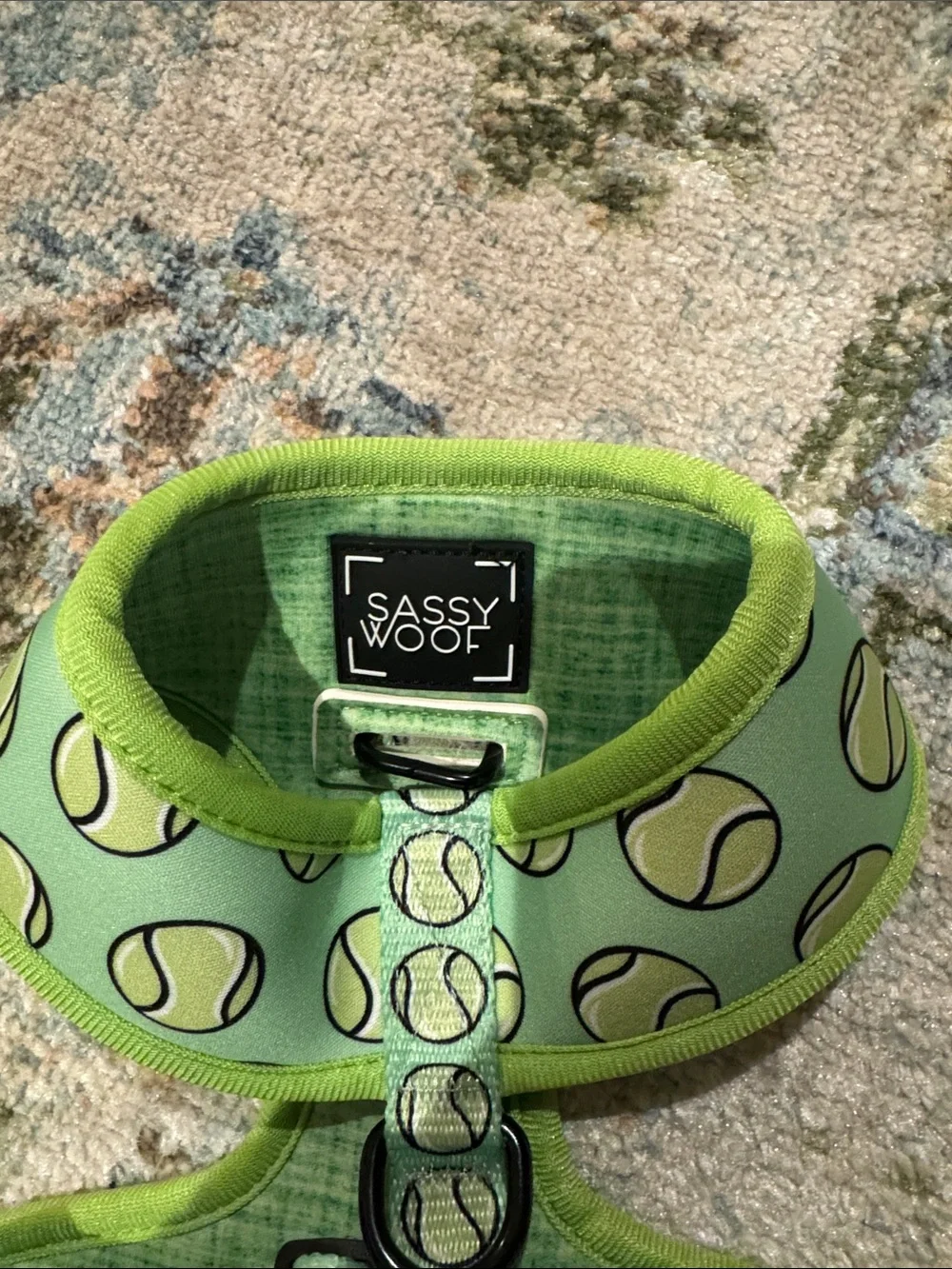 Sassy Woof • “Serving Up Sass” Tennis Ball Print Lime Green Dog Harness SMALL
